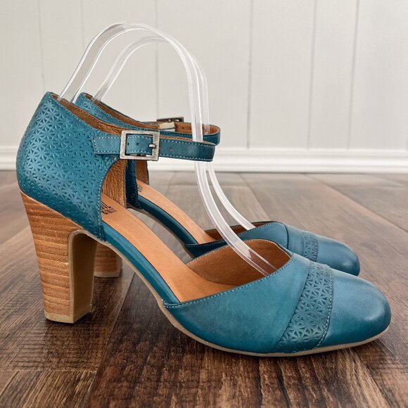 Miz Mooz Jay Mary Jane Pump Heel Embossed Leather Retro Size 9.5 EU 40.5 in Teal - Picture 1 of 16
